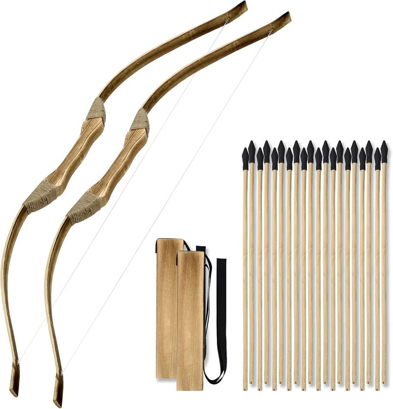 Basbon 2 Pack Kids Bow and Arrow Set, 32 Inch Archery Set Handmade Wooden Toy Bow and Arrow for Kids 4-6 8-12, Cosplay Game Costume Prop Play, 2 Bows 2 Quivers and 20 Wood Arrows, Gifts for Youth Boys Girls - Image 1